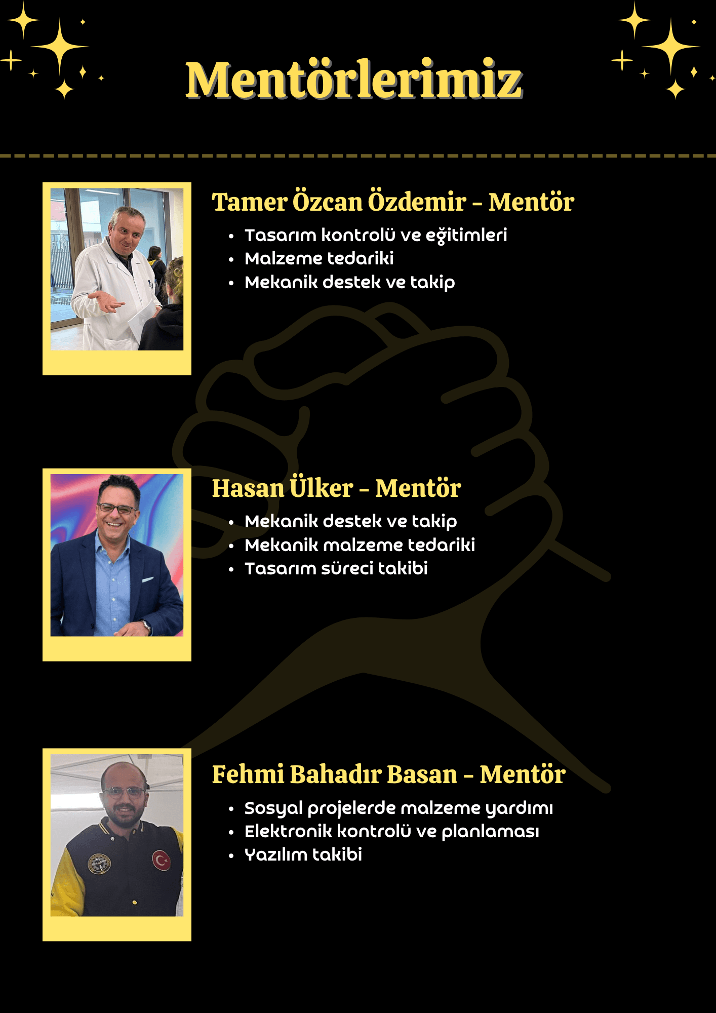 Mentörlerimiz — Tamer Özcan Özdemir, Hasan Ülker, Fehmi Bahadır Basan ve görev alanları